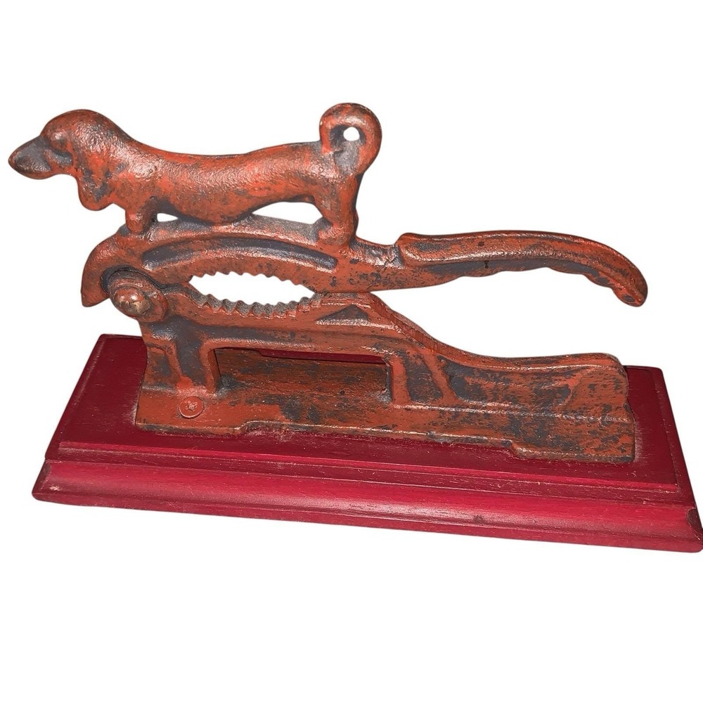 Vintage Cast Iron Daschund Nutcracker  With Red Wooden Base  Whimsical 1950s
